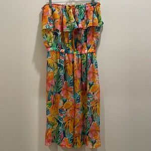 Into The Bleu by Amerex Tropical Floral Strapless Ruffle Midi Dress Multi Large